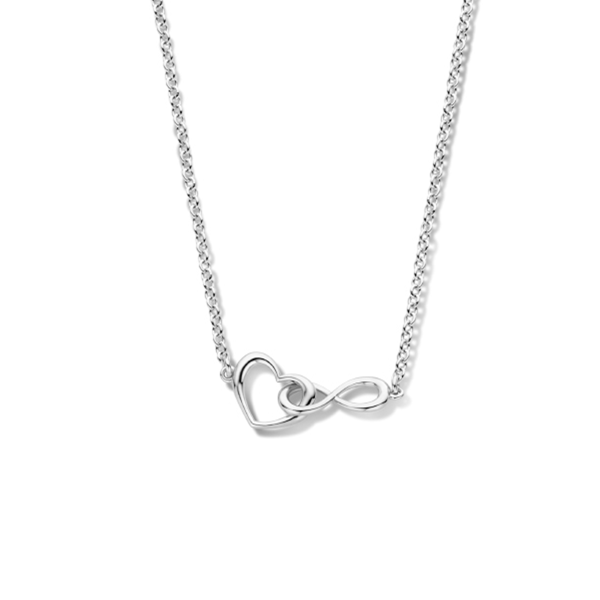 Gerhodineerd 925 zilveren collier met een hart en infinity. De draaglengte is 40+4cm. Uitgevoerd met een karabijn sluiting. De schakelbreedte is 1.7mm.