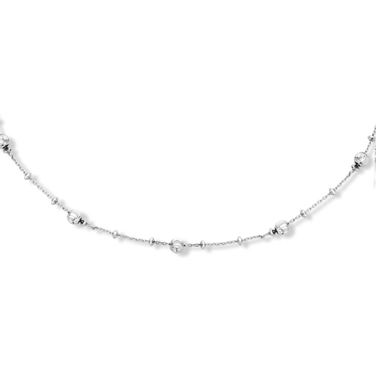 Gerhodineerd 925 zilveren collier uitgevoerd met bolletjes en een karabijn sluiting. Het collier heeft een breedtes van 1.0, 2.2 en 4.0mm. Met een draaglengte van 40cm en een extensie van 4cm.