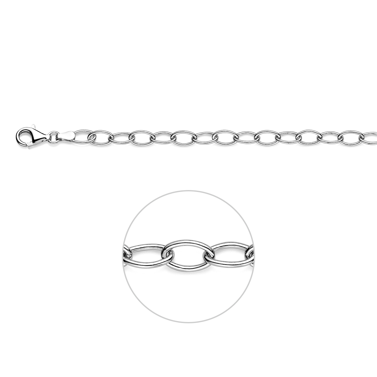 Gerhodineerd 925 zilveren lengteartikelen met een anker schakel van 5.2mm. Uitgevoerd met een karabijnsluiting.