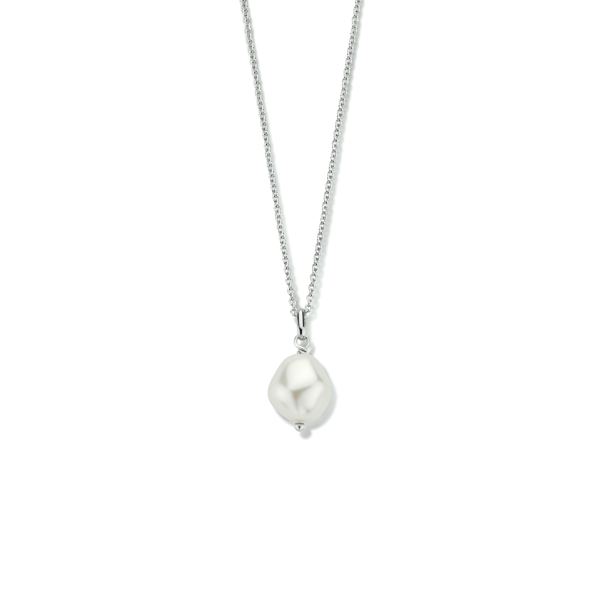 Gerhodineerd 925 zilveren anker collier uitgevoerd met een synthetische parel en een karabijn sluiting. Het collier heeft een draaglengte van 40cm. De schakelbreedte is 1.3mm.