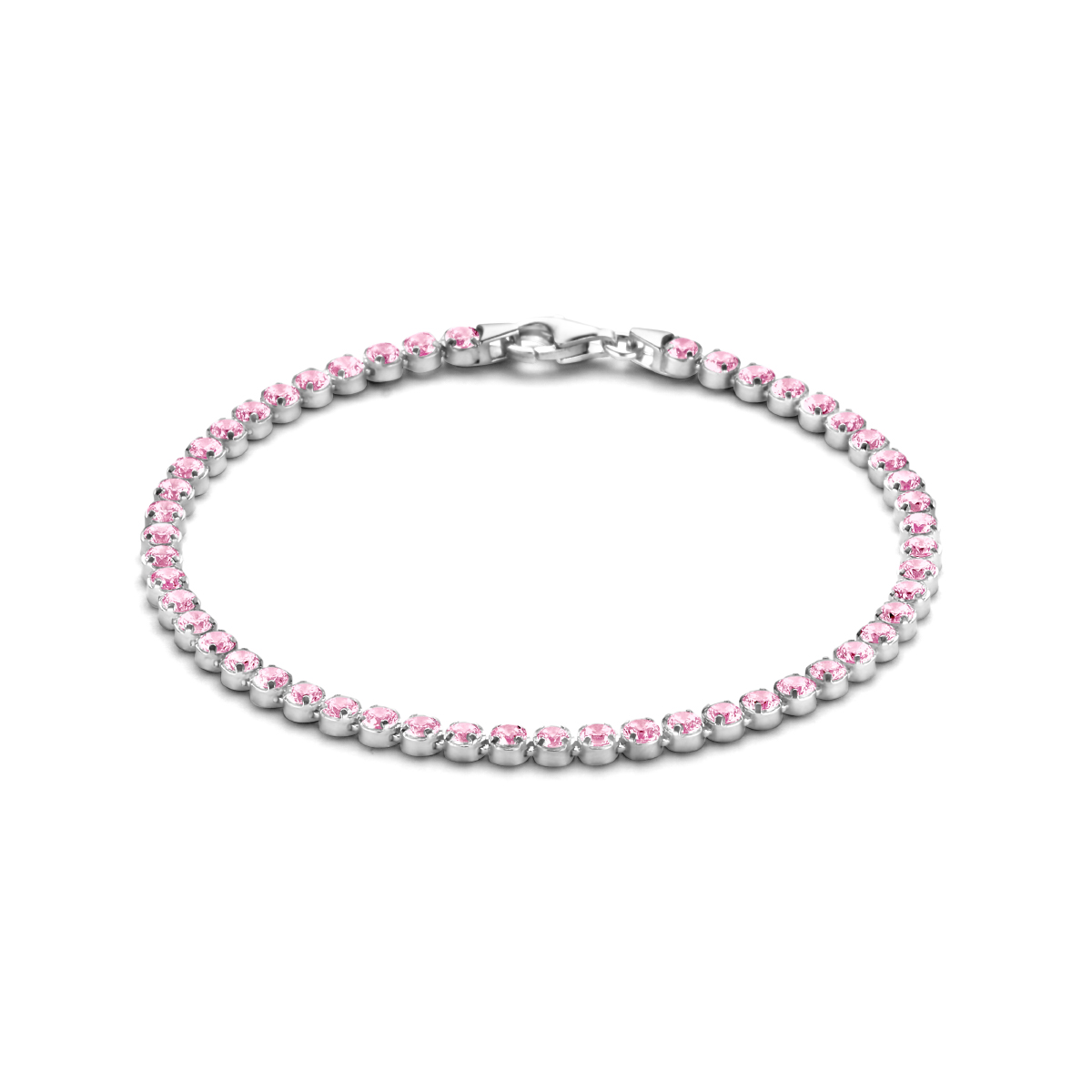 Gerhodineerd 925 zilveren tennisarmband met roze zirkonia. De armband heeft een draaglengte van 16cm en een extensie van 3cm. Uitgevoerd met een karabijn sluiting.