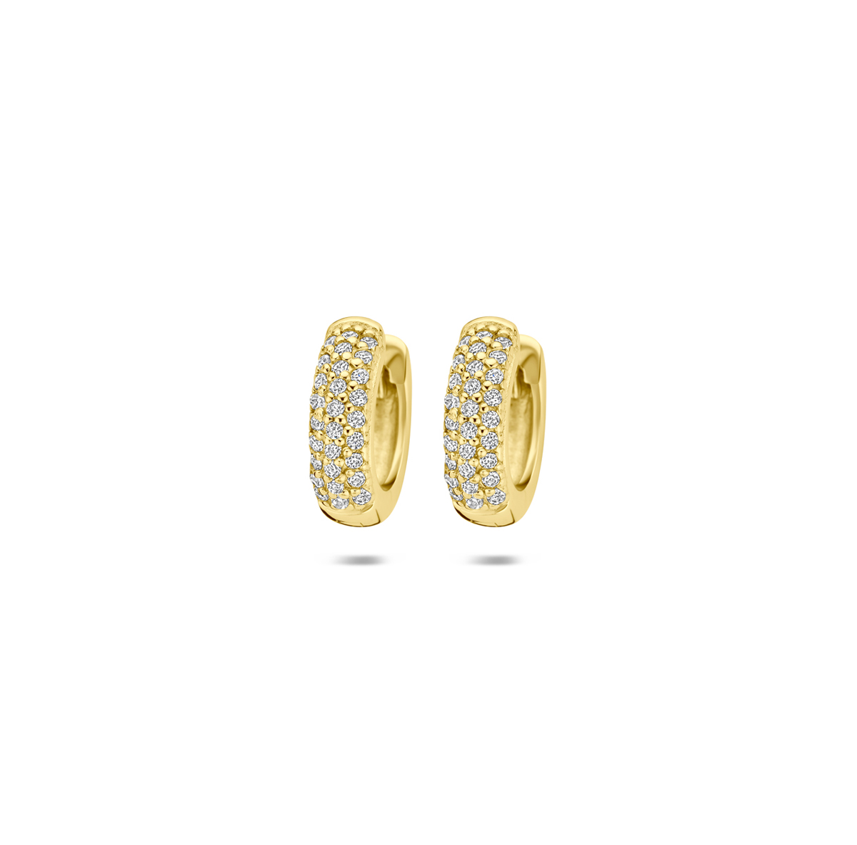 Verguld geel 925 zilveren klapoorringen met zirkonia. De klapoorringen hebben een afmeting van 12x3.5mm. Geen garantie op plating.