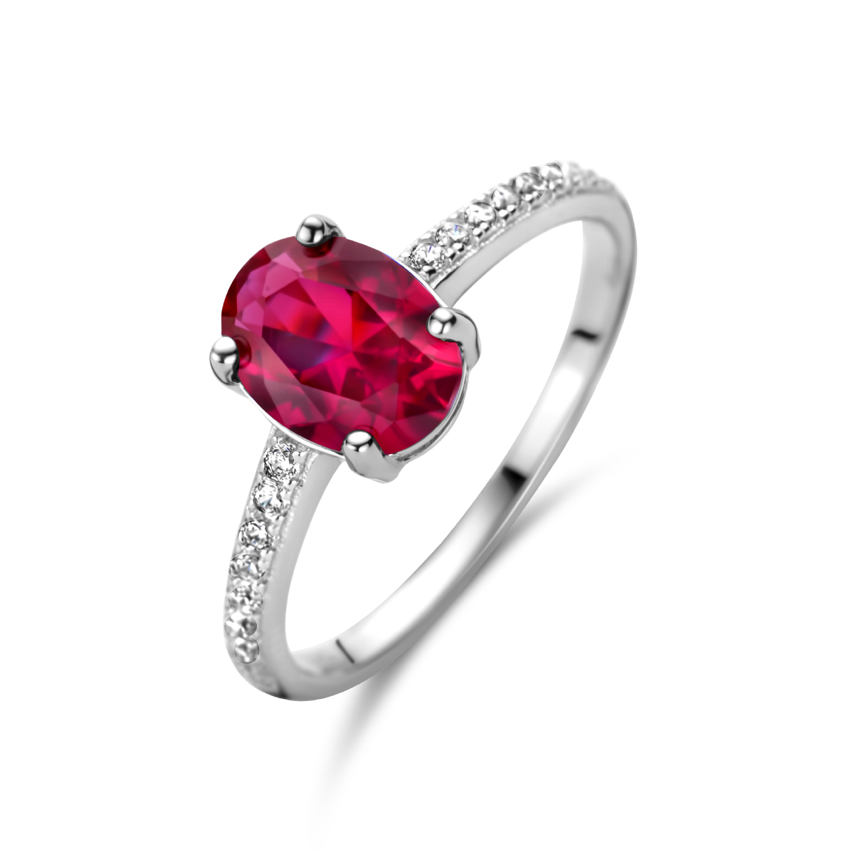 Gerhodineerd 925 zilveren ring uitgevoerd met rood zirkonia korund en zirkonia.