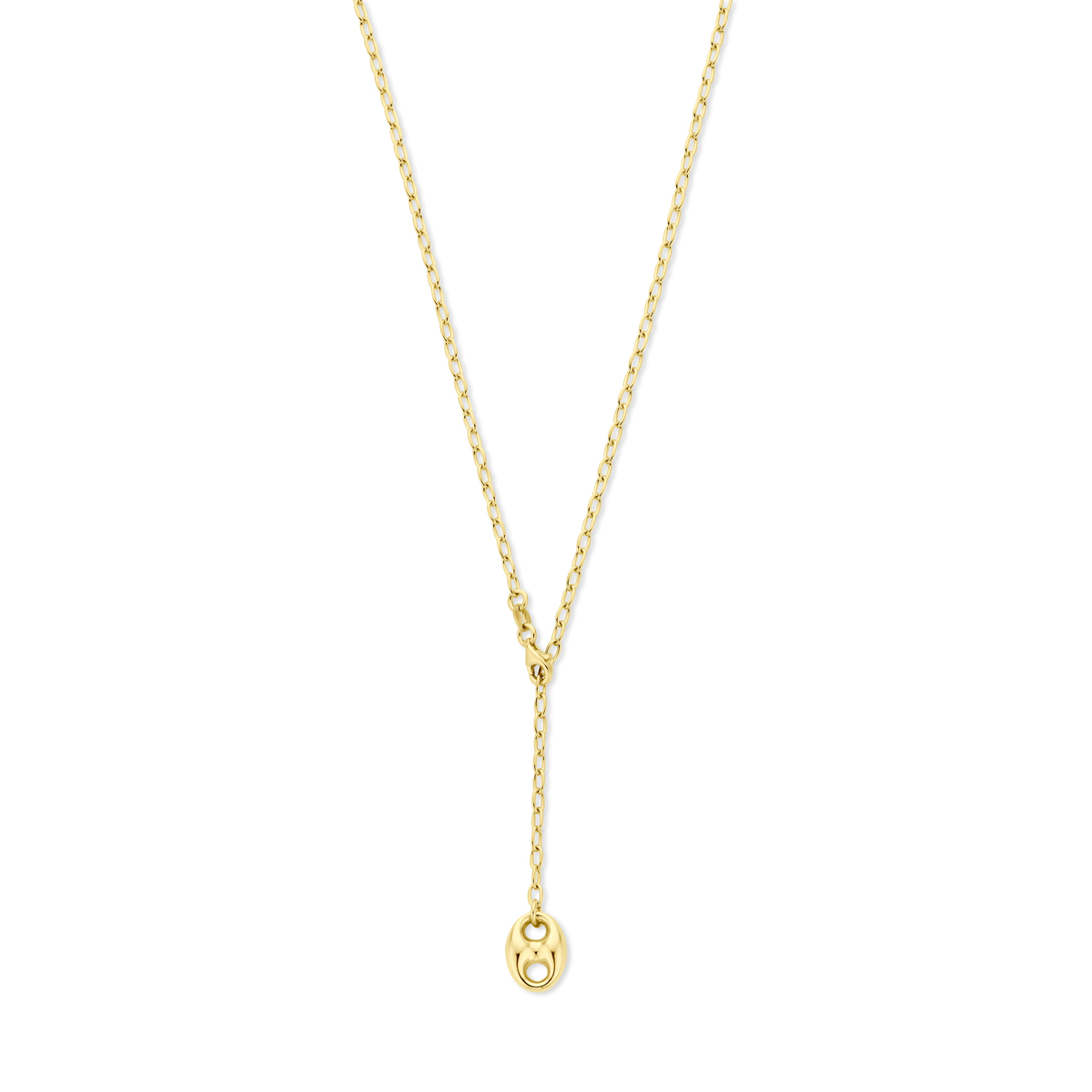 Verguld geel 925 zilveren collier met een koffieboon. Het collier heeft een schakelbreedte van 2.8mm en een totale lengte van 50cm. De koffieboon heeft een afmeting van 14.5x11mm. Uitgevoerd met een karabijnsluiting. Geen garantie op plating.