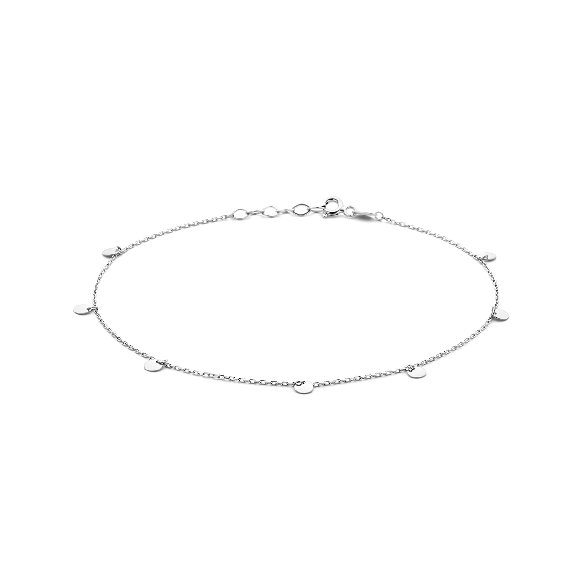 Gerhodineerd 925 zilveren enkelbandje uitgevoerd met rondjes en een karabijn sluiting. Het enkelbandje heeft een draaglengte van 24cm met een extensie van 2cm. De rondjes hebben een diameter van 4mm. De schakelbreedte is 1mm.