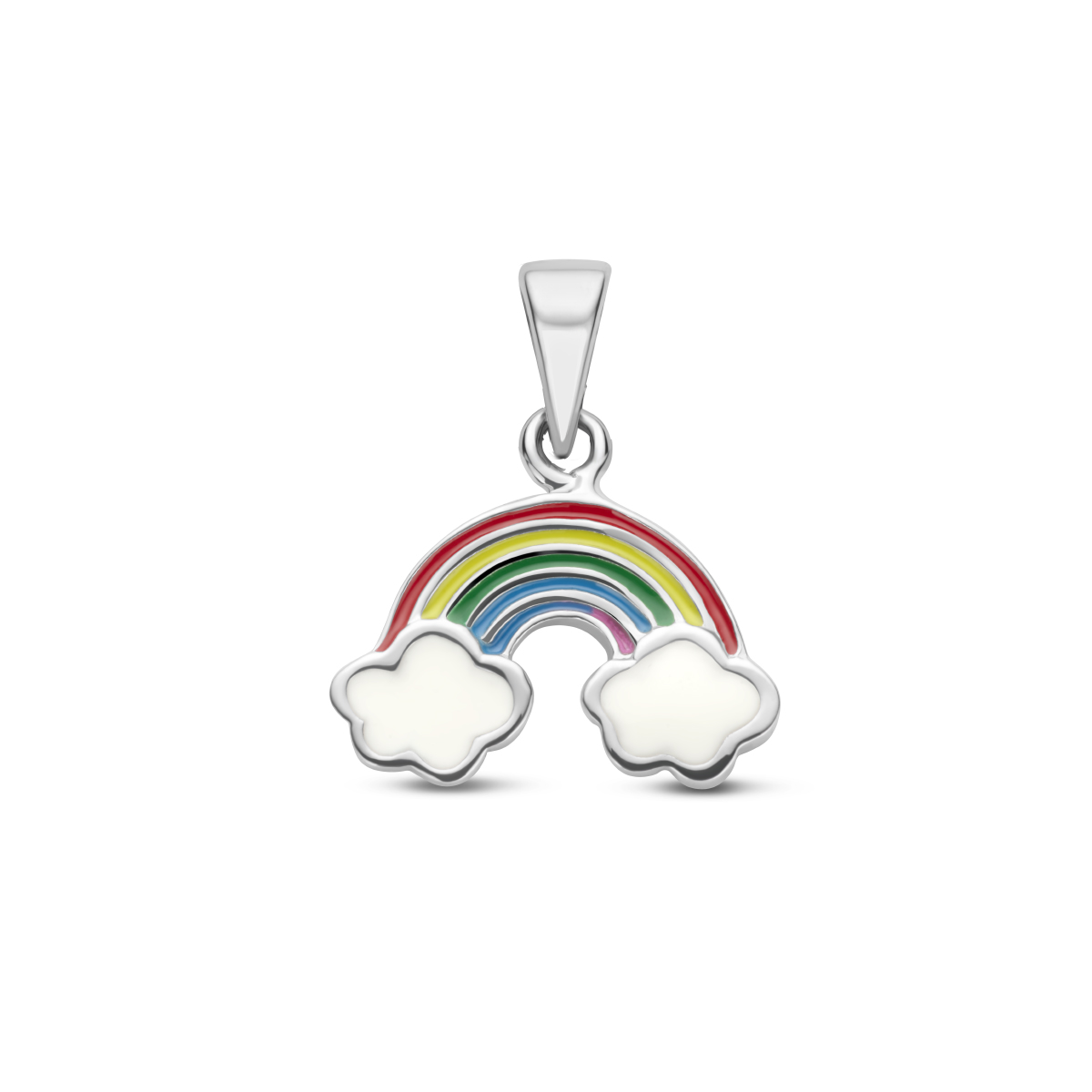 Gerhodineerd 925 zilveren hanger in de vorm van een emaille regenboog met wolken. De hanger heeft een totale hoogte van 15mm.