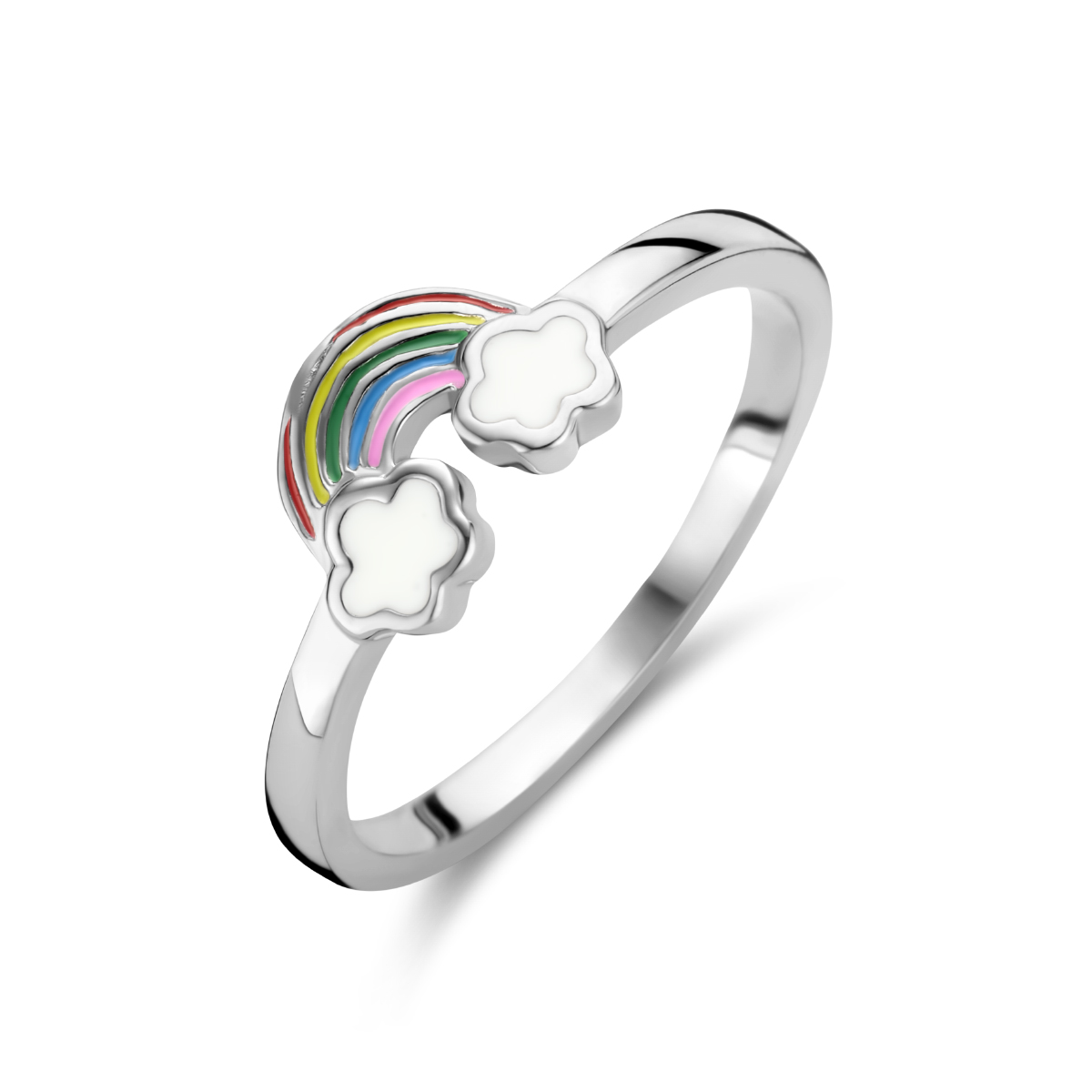 Gerhodineerd zilveren ring uitgevoerd met een emaille regenboog. De ring heeft een breedte van 6mm.