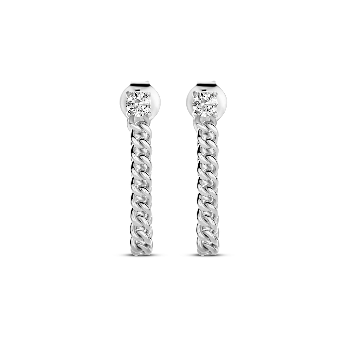 Gerhodineerd 925 zilveren oorknoppen uitgevoerd met zirkonia. De steen heeft een diameter van 3mm. De schakel heeft een lengte van 3cm.