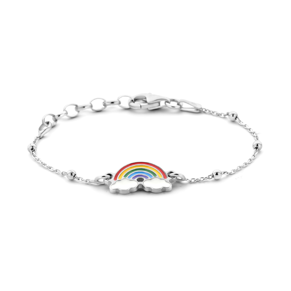 Gerhodineerd 925 zilveren armband uitgevoerd met een regenboog hanger. De armband heeft een schakelbreedte van 1mm en is uitgevoerd met een karabijnsluiting. De draaglengte is 11cm met een extensie van 2cm.