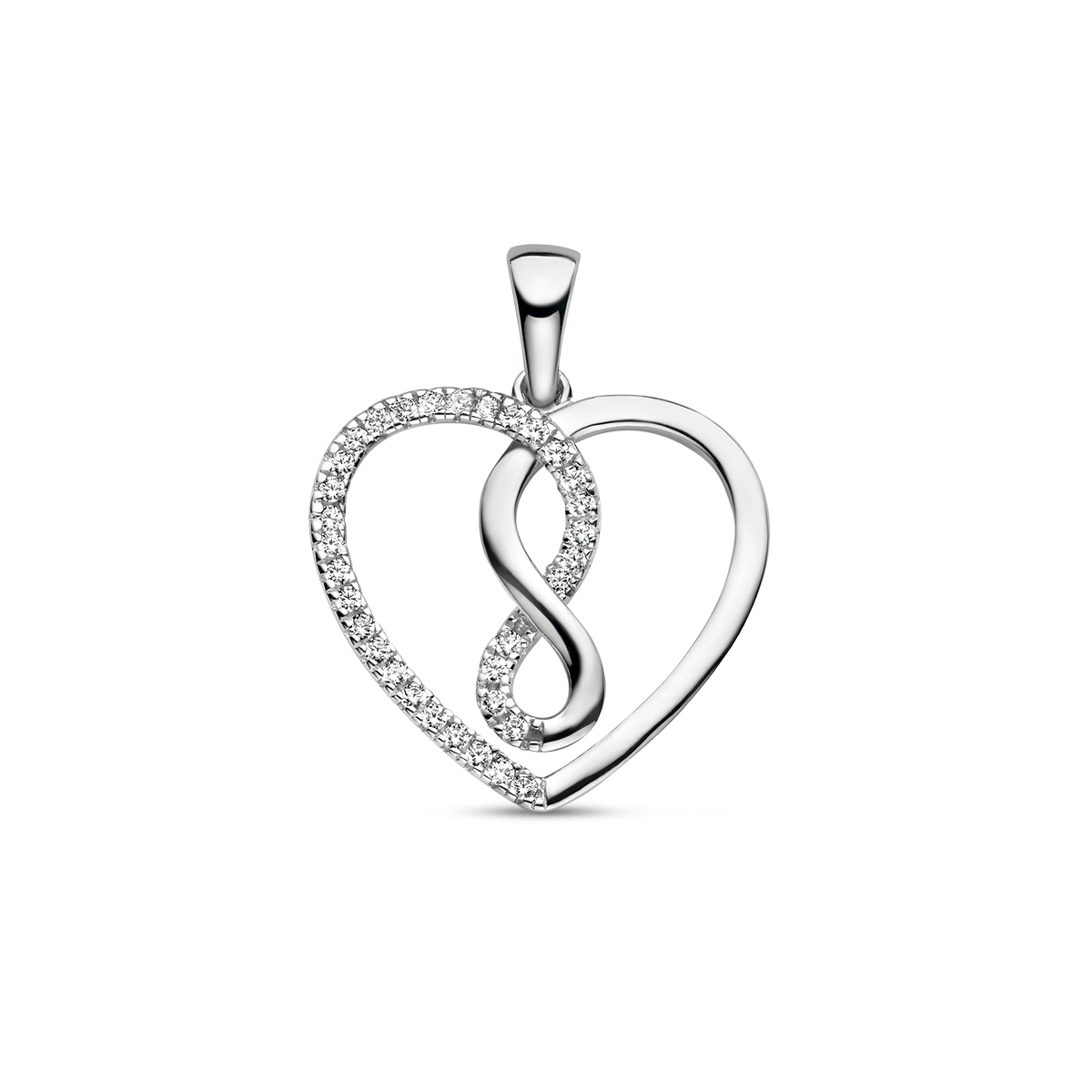 Gerhodineerd 925 zilveren hart hanger met infinity en zirkonia. Het hart heeft een afmeting van 18x19mm.