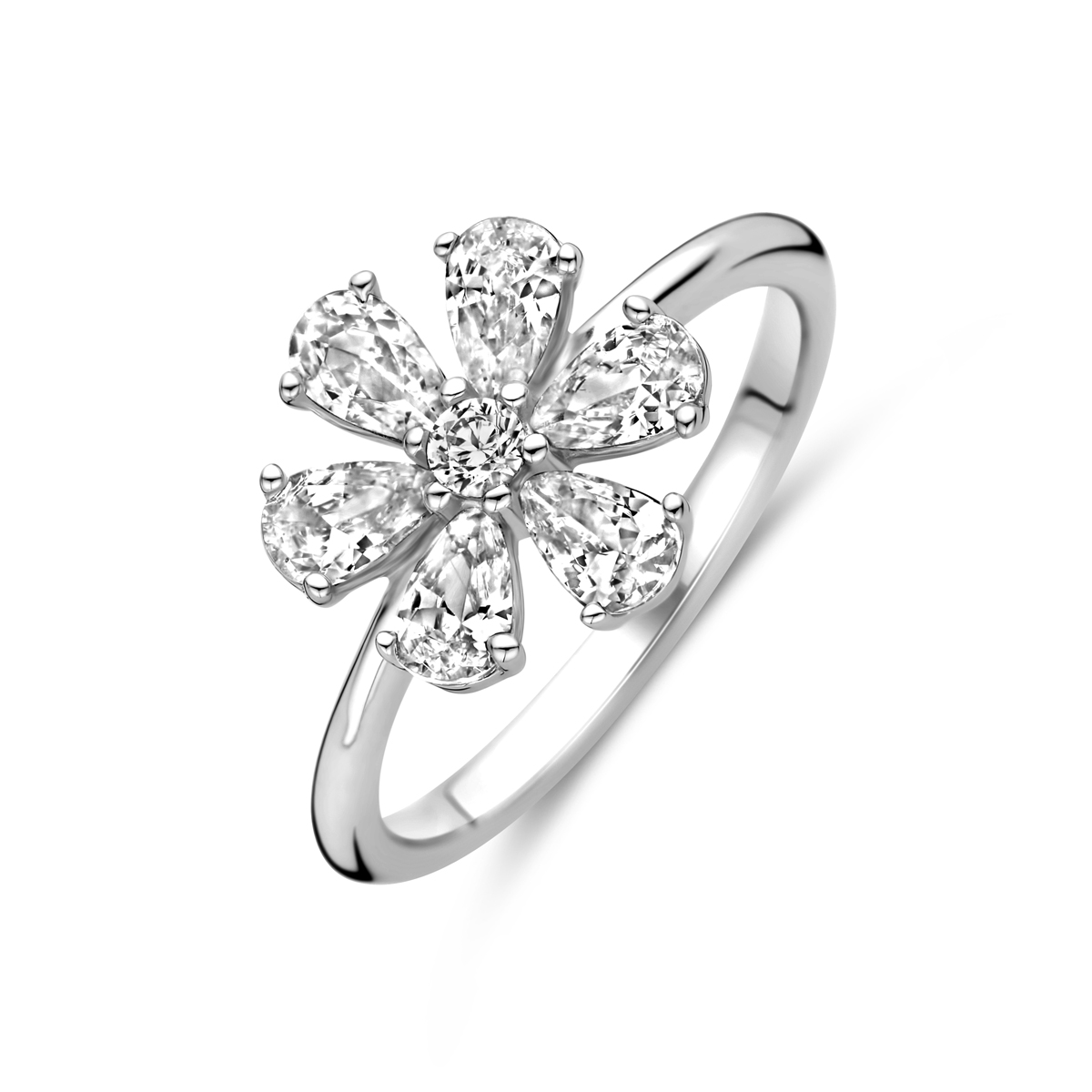 De Zilveren Ring bloem met witte zirkonia is een verfijnde accessoire. De ring heeft een breedte van 12 mm en een glanzende rhodiumlaag. Met een briljant geslepen zirkonia is maat 54 ideaal voor dagelijks gebruik of speciale gelegenheden. Draag hem solo voor een subtiele elegante uitstraling.