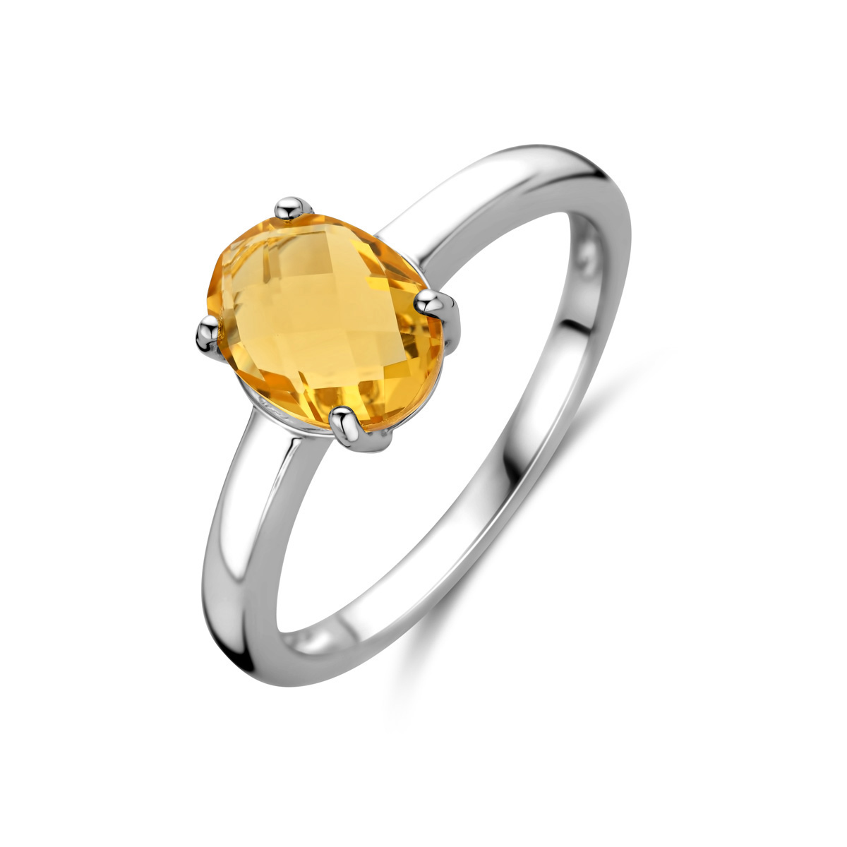 Gerhodineerd 925 zilveren ring uitgevoerd met citrien. De ring heeft een breedte van 8mm