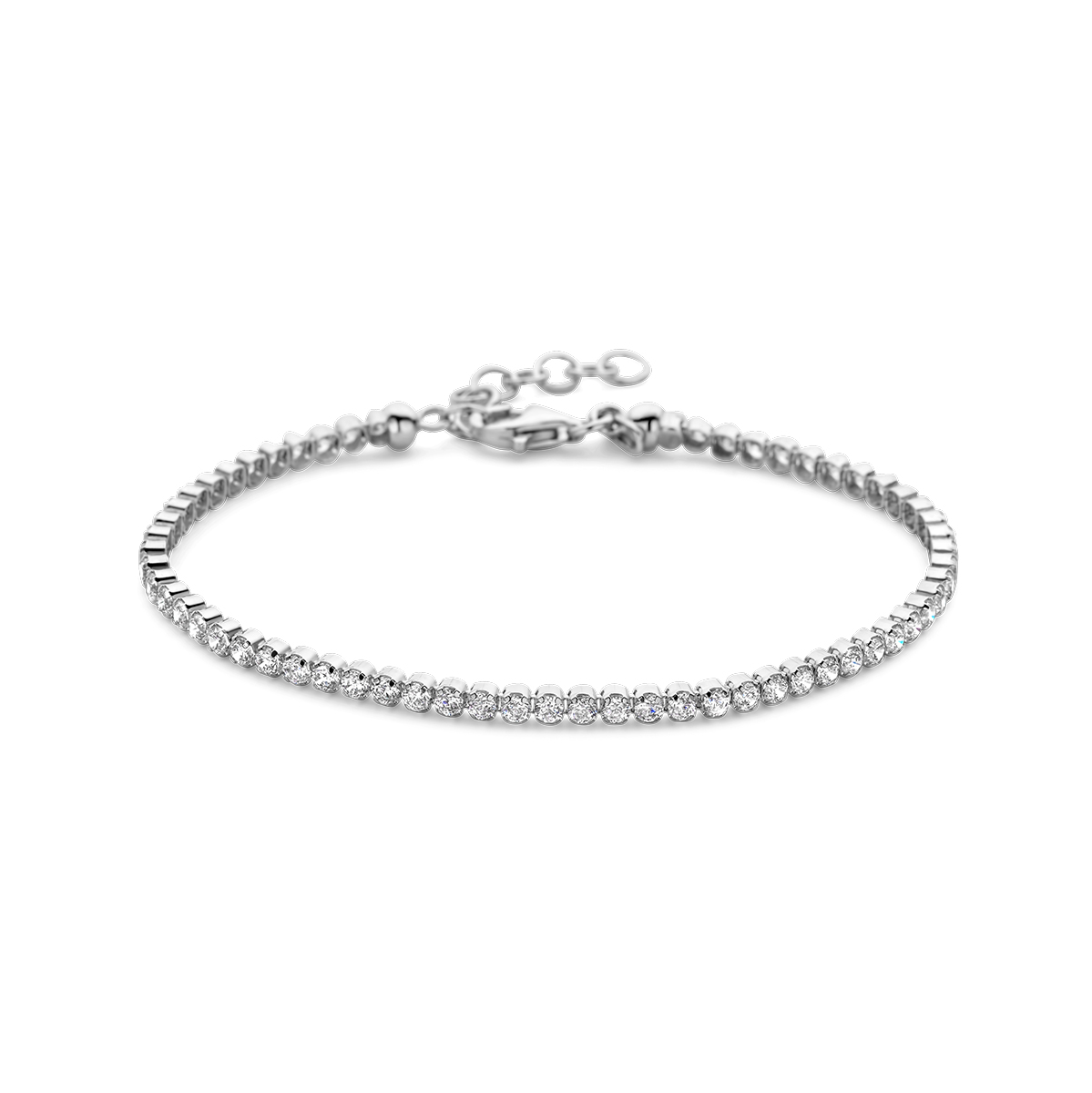De Exclusief zilveren armband model 1337811 is een elegante tennisarmband, rhodium verguld voor een duurzame glans. Met een breedte van 2.5 mm en een gewicht van 3.48 gram, schittert de armband met een witte, glanzende zirkonia met briljante slijpvorm. Perfect voor dagelijks gebruik of speciale gelegenheden; combineer met soortgelijke zilveren sieraden voor een verfijnde look.