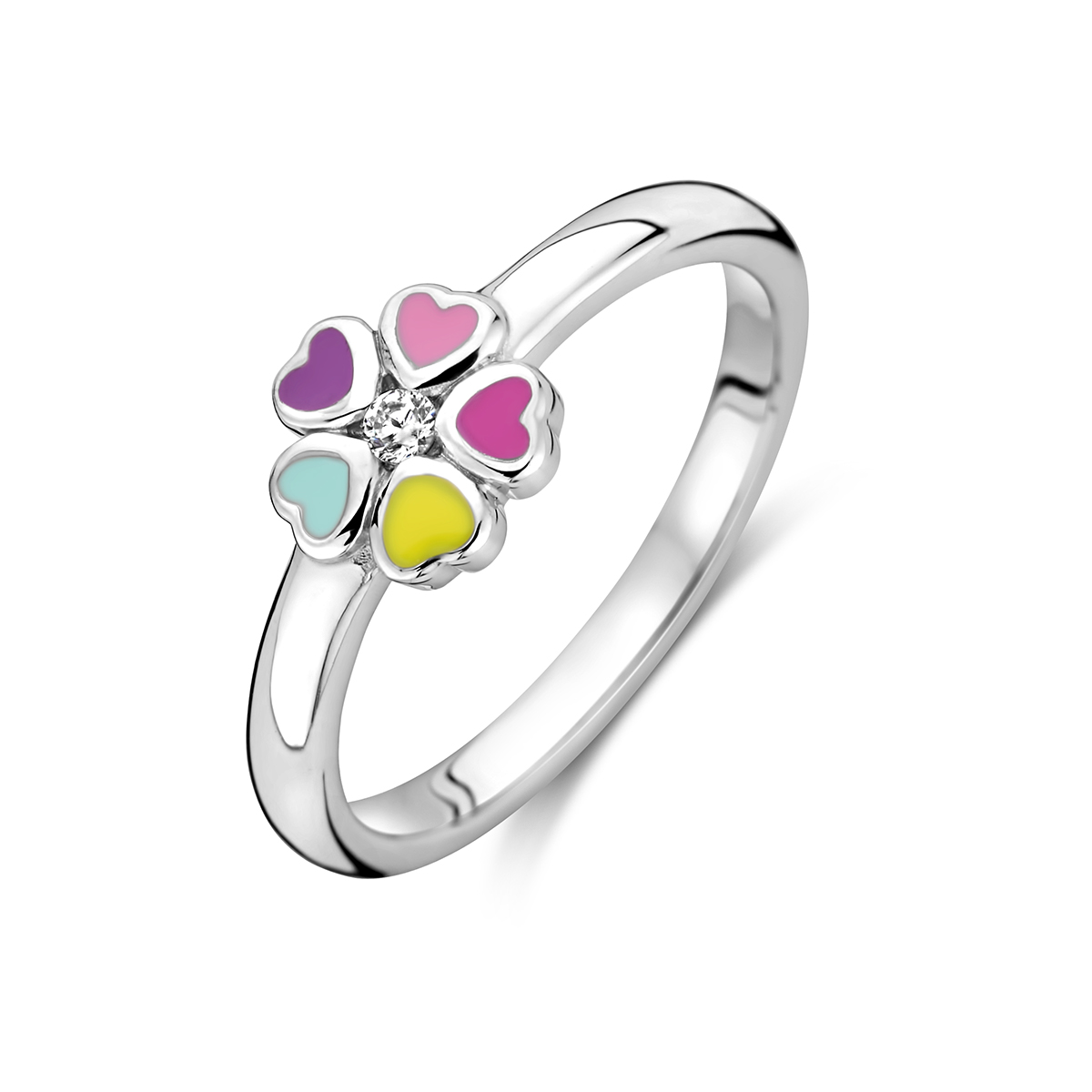 Gerhodineerd 925 zilveren ring uitgevoerd met zirkonia en een bloem. De ring heeft een breedte van 6mm.