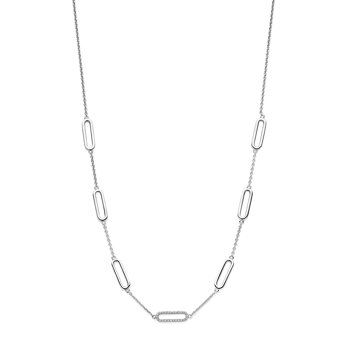 Gerhodineerd 925 zilveren collier uitgevoerd met ovaalvormige elementen en zirkonia. Het collier heeft een draaglengte van 42cm en een extensie van 3cm. De schakelbreedte is 1.5mm. Uitgevoerd met een karabijn sluiting.