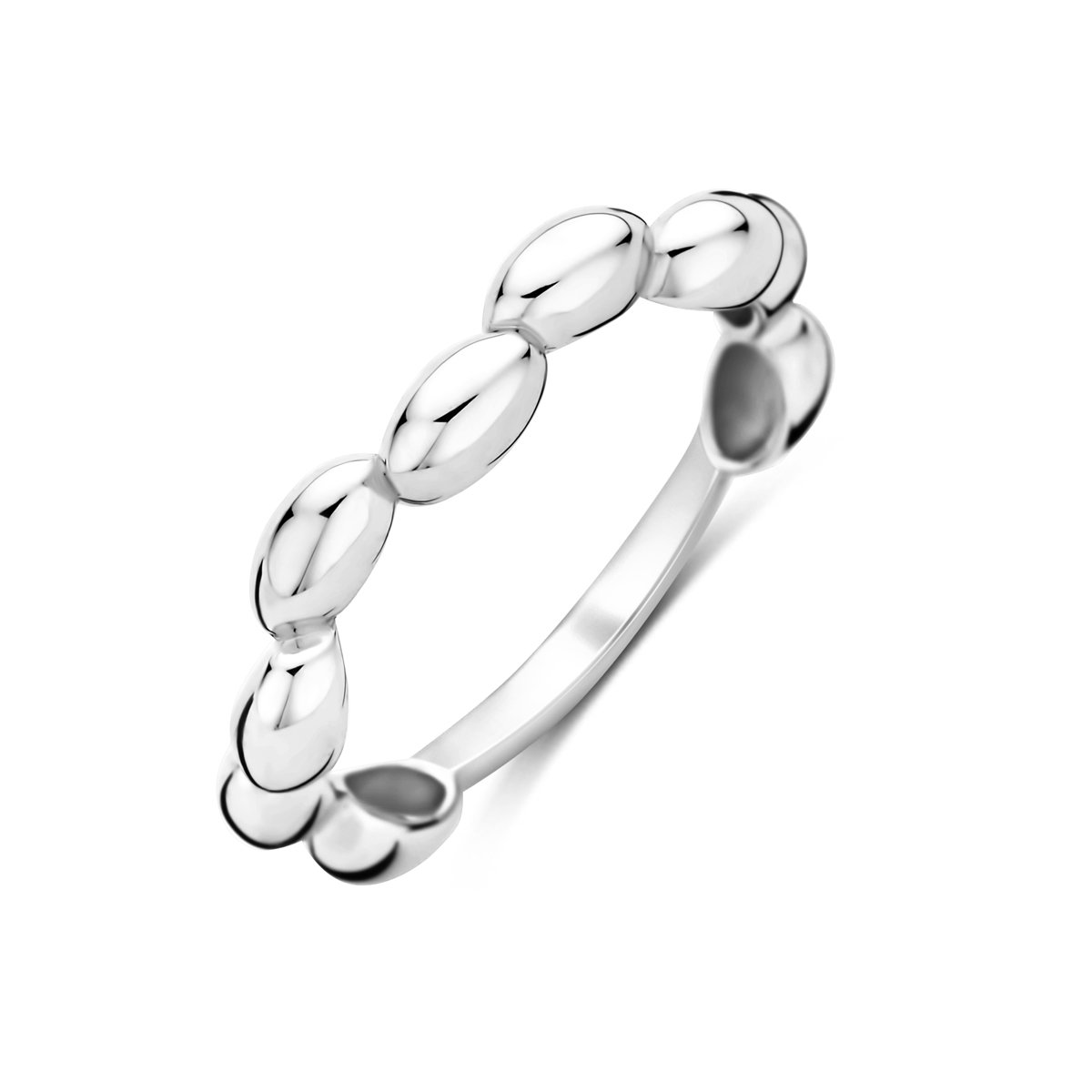 Gerhodineerd 925 zilveren ring uitgevoerd met ovale bolletjes. De ring heeft een breedte van 4mm.
