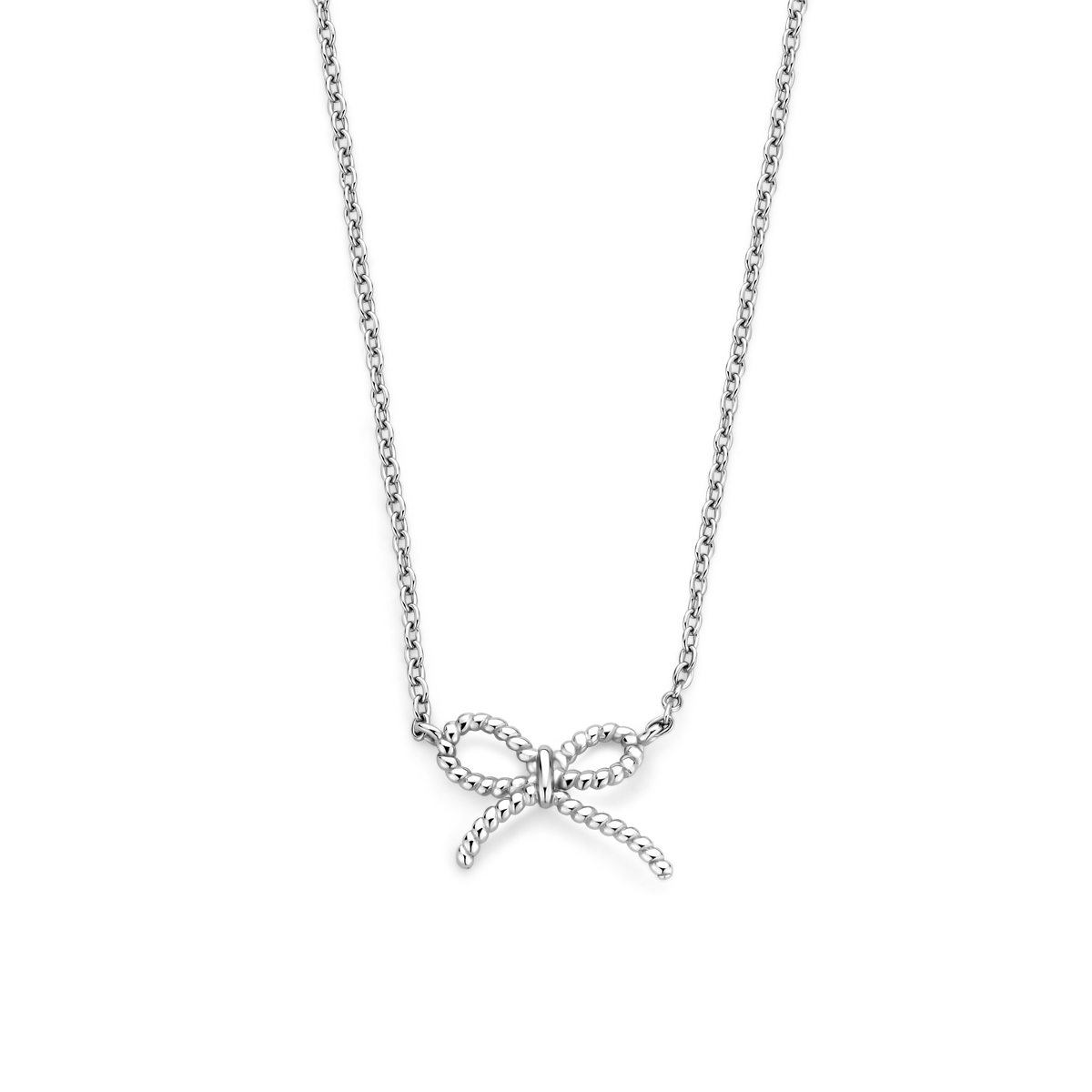 Gerhodineerd 925 zilveren collier uitgevoerd in met een strik. Het collier heeft een draaglengte van 40cm met een extensie van 4cm. De schakelbreedte is 1mm. Uitgevoerd met een karabijnsluiting.