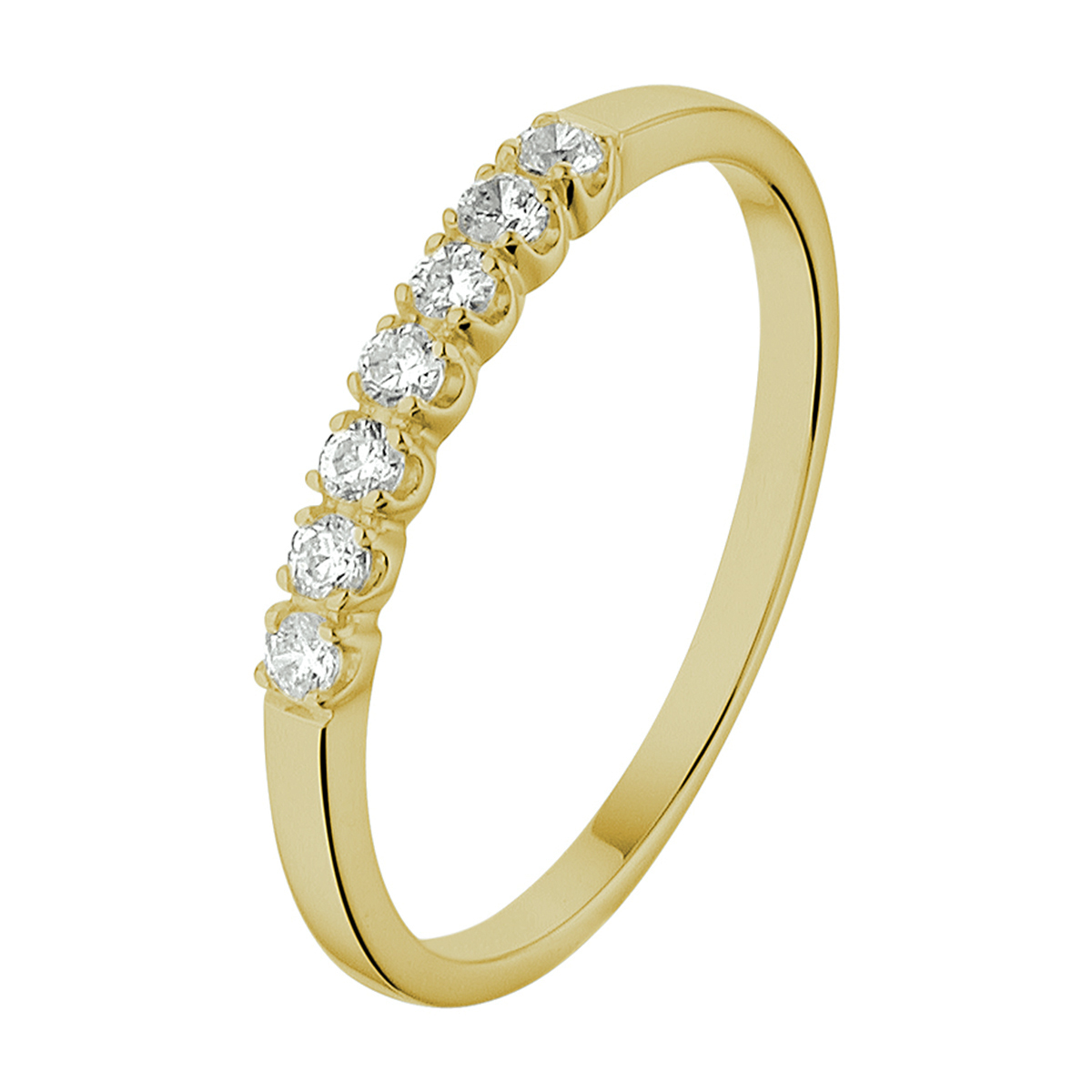14k Geelgouden ring uitgevoerd met een schitterende zirkonia rij. De ring heeft een breedte van 2mm.
