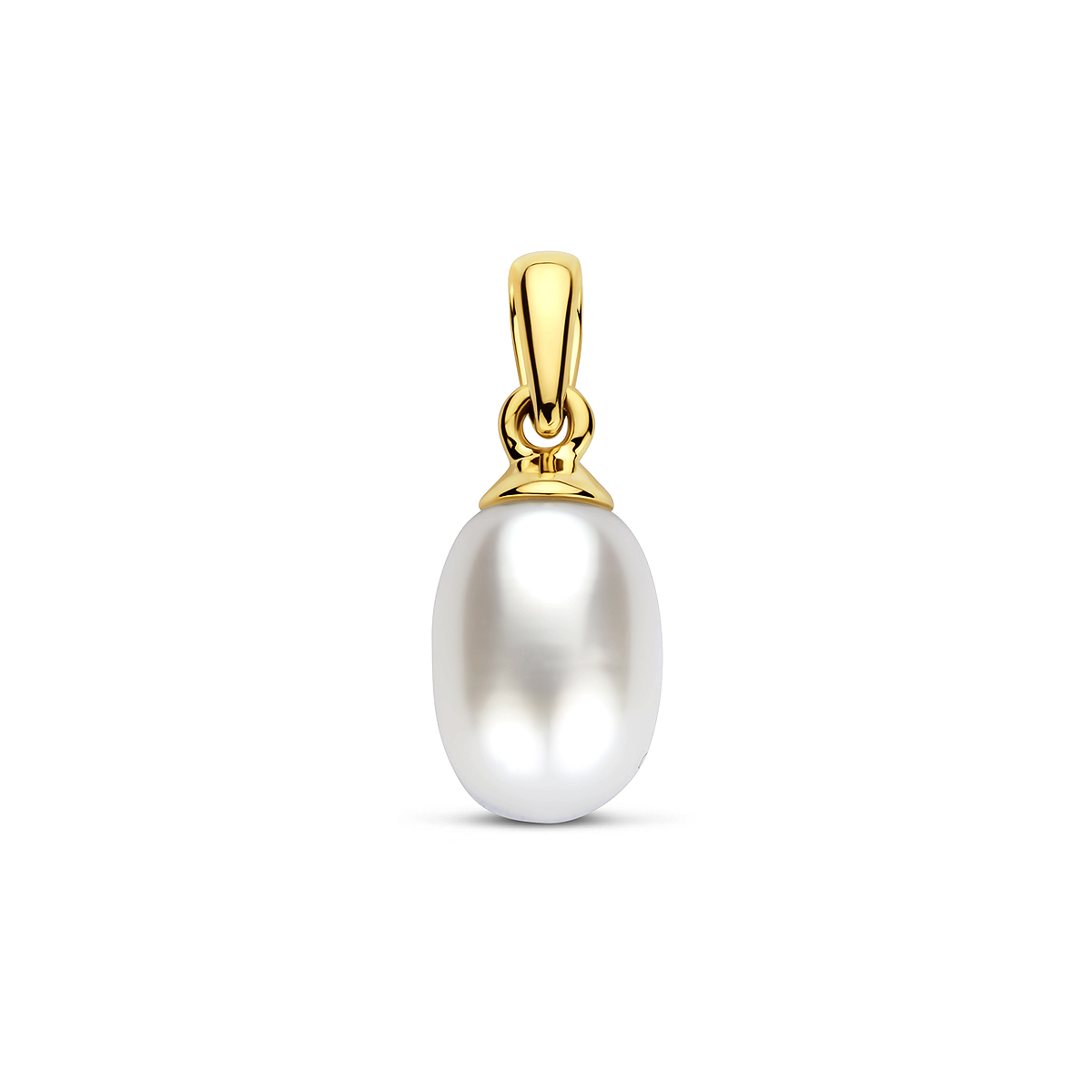 Geelgouden hanger 14 K uitgevoerd met zoetwater parel. De hanger heeft een totale hoogte van 1,5cm. De parel heeft een afmeting van 8x6mm
