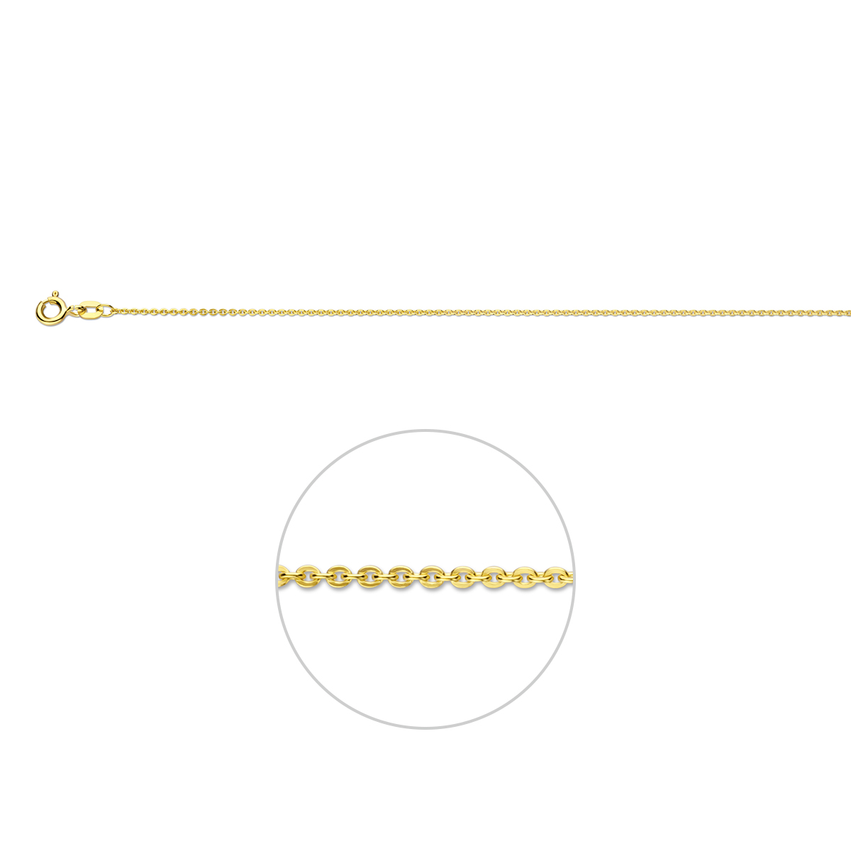 Geelgouden anker lengteartikel uitgevoerd met een veerring. De schakelbreedte is 1.2mm.