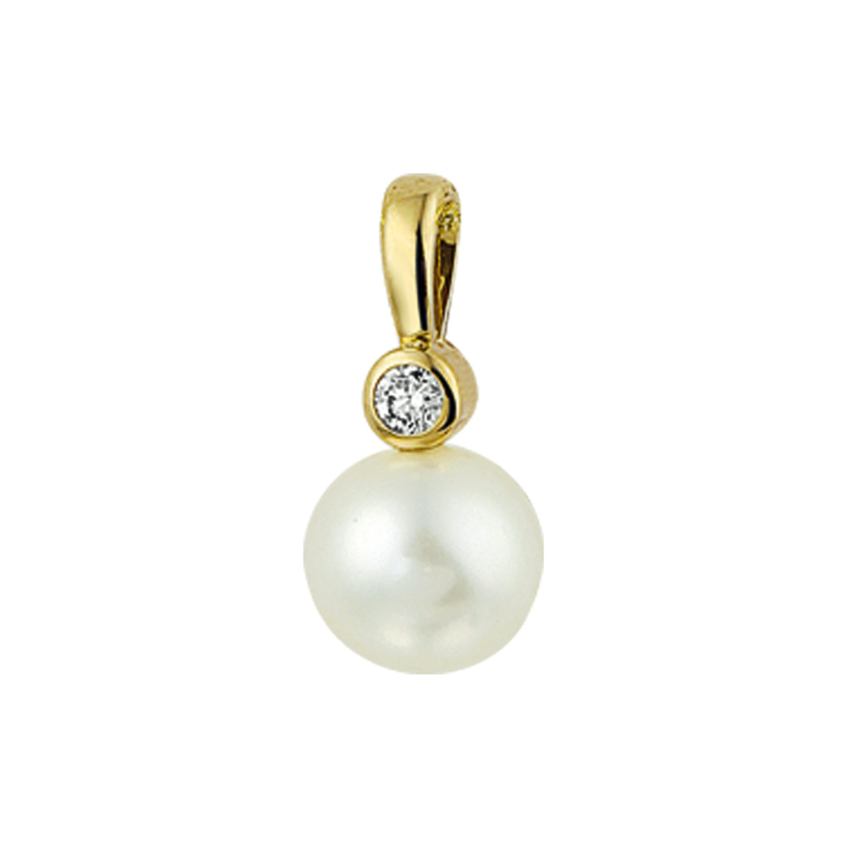 Geelgouden hanger met een zoetwaterparel en diamant. De hanger is onderdeel van een set.