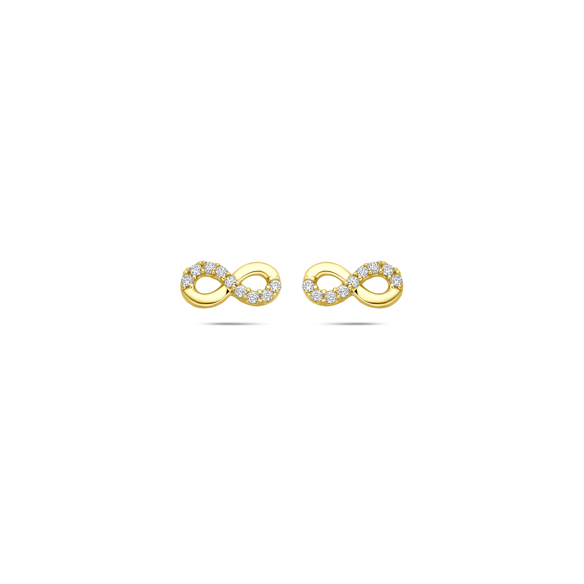 14k Geelgouden oorknoppen met infinity teken en zirkonia.&nbsp;De oorknoppen hebben een afmeting van 4x8,5mm.
