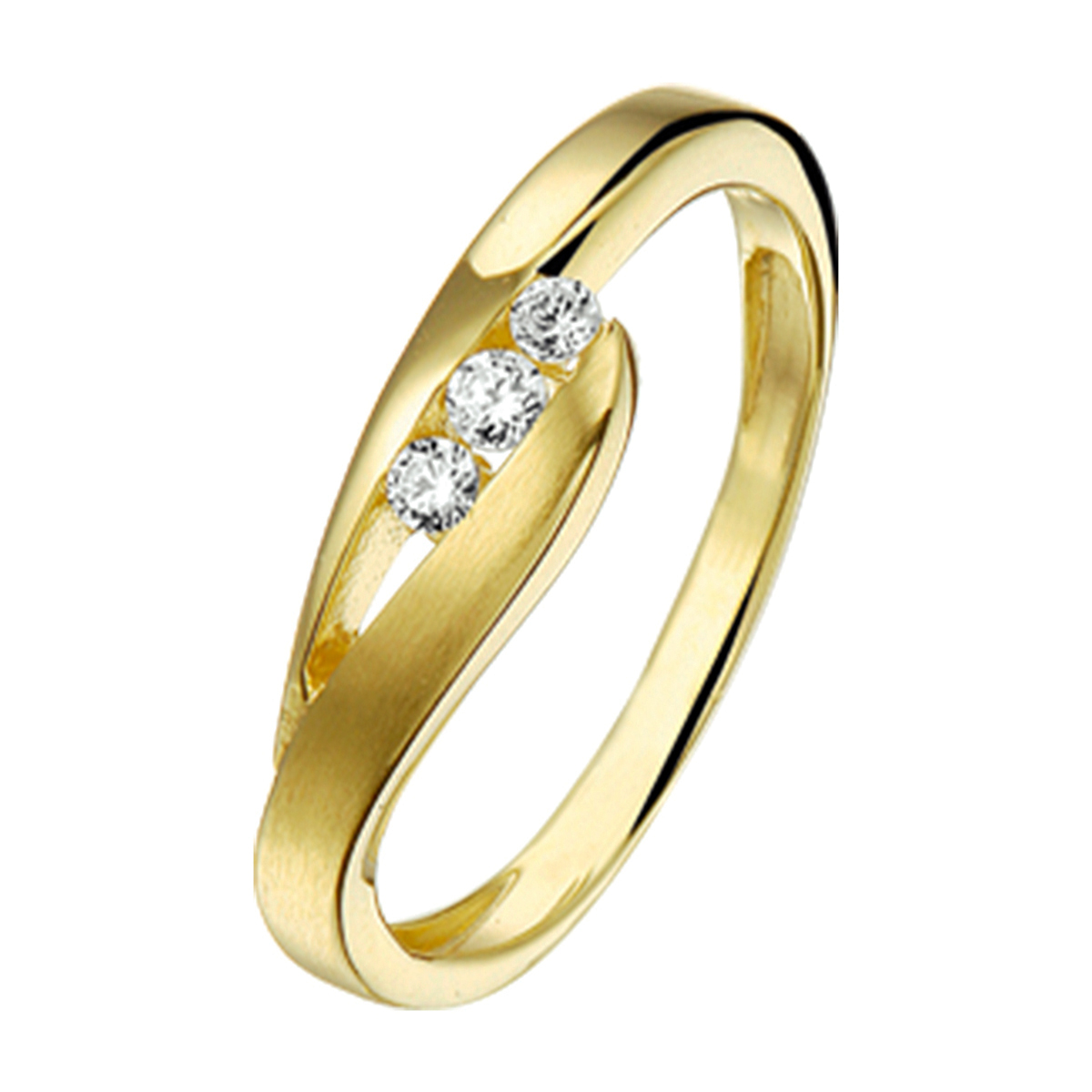 Geef je sieradencollectie een verfijnd sprankelende touch met deze exclusieve 14K gouden ring met zirkonia. Deze ring heeft een sierlijk gedraaid design met een gematteerd oppervlak, waarin drie briljant geslepen zirkonia's in railzetting zijn geplaatst. Vervaardigd uit 14 karaat geelgoud.
