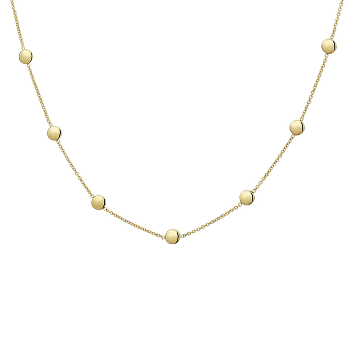 Geelgouden 1.3mm brede anker collier met draaglengtes van 42 en 45cm uitgevoerd met 13 rondjes van 5mm. Het collier heeft een karabijn sluiting.