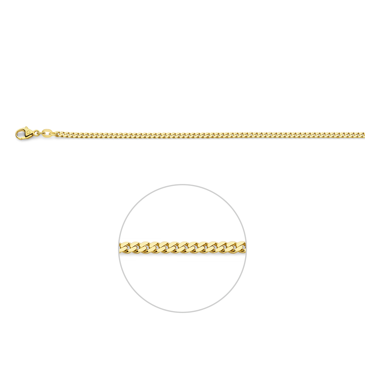 14k Geelgouden gourmette lengte-artikel uitgevoerd met een karabijn sluiting. De schakelbreedte is 2.4mm.