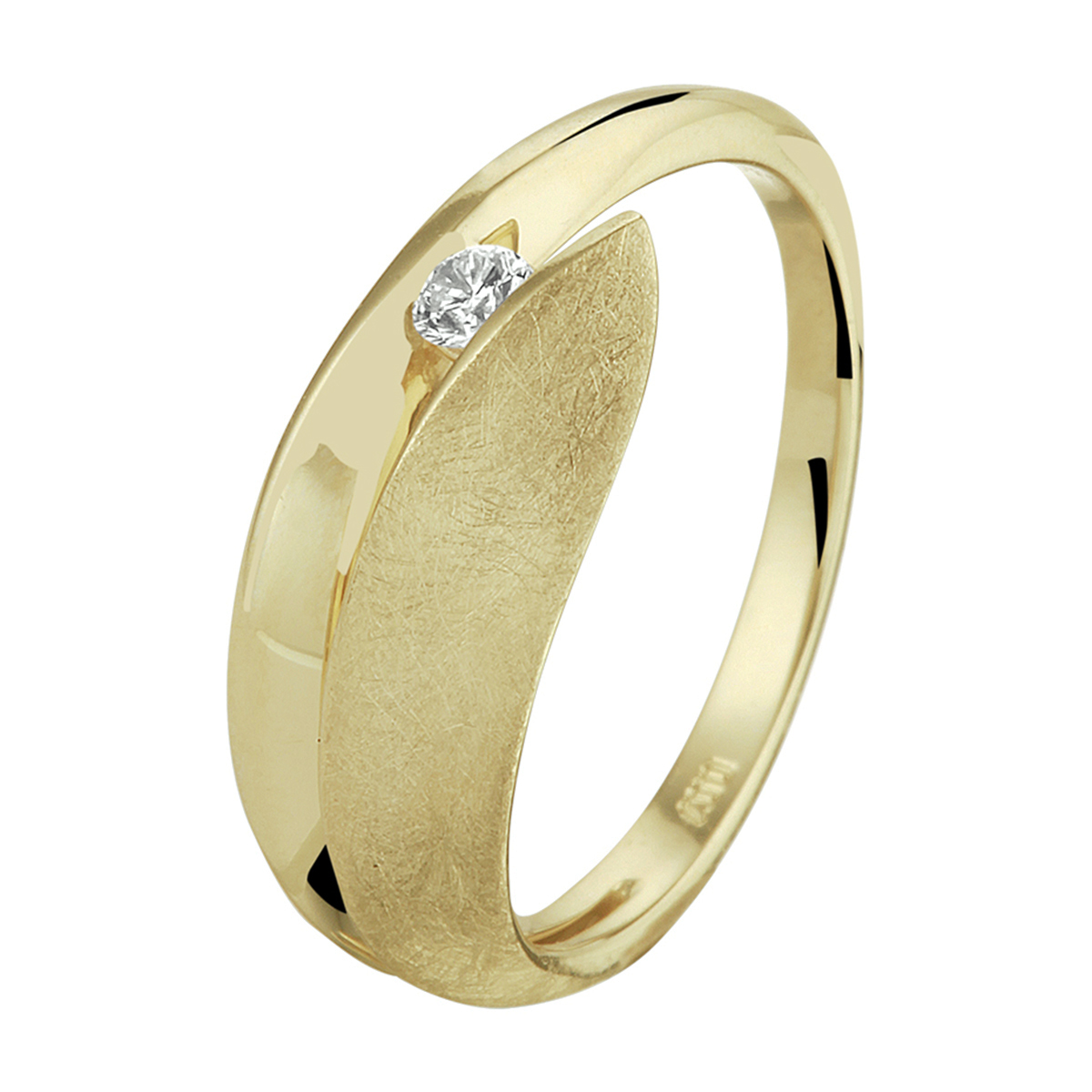 14kt. Geelgouden ring uitgevoerd met een 0.07ct. diamant. De ring heeft een breedte van 6.5mm en is bewerkt met ijsstructuur (maat 17,5). 