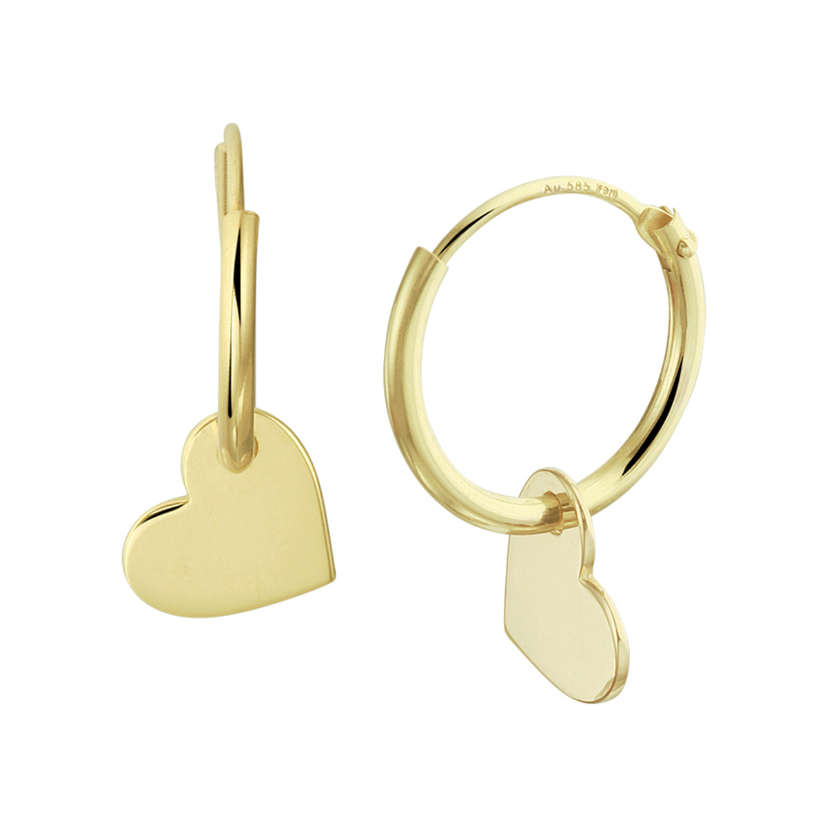 14k Geelgouden oorringen uitgevoerd met een hanger in de vorm van een hartje. De oorringen hebben een diameter van 13mm. Het hartje heeft een afmeting van 7x8mm.