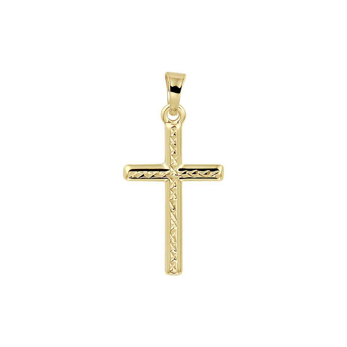 14k Geelgouden hanger uitgevoerd in de vorm van een kruis en met een gediamanteerde afwerking. De hanger heeft een totale hoogte van 2.5cm en een breedte van 12mm
