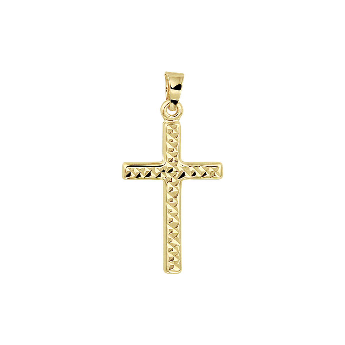 Gouden hanger uitgevoerd in de vorm van een kruis en met een gediamanteerde afwerking. De hanger heeft een totale hoogte van 25mm en een breedte van 13mm.