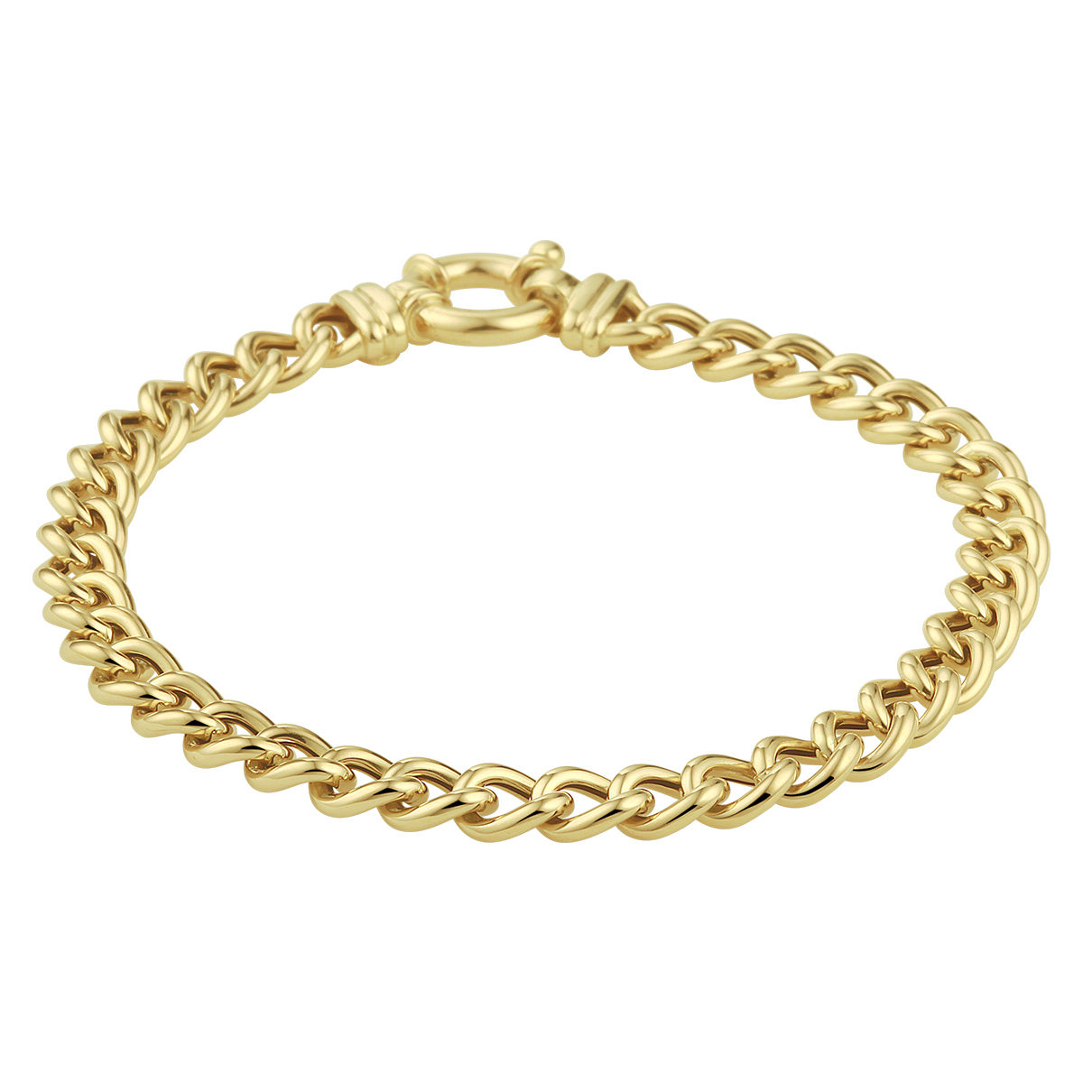 N186 14k Geelgouden gourmet armband met een schakelbreedte van 6mm. De armband heeft een draaglengte van 19cm en is uitgevoerd met een stevige karabijn sluiting.