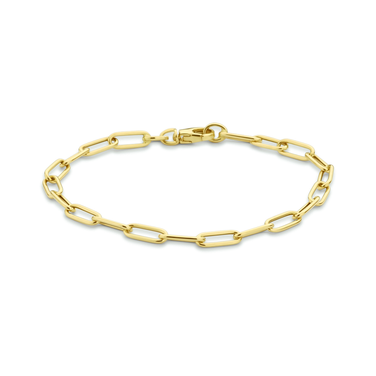 14k Geelgouden armband uitgevoerd met een paperclip schakel met een breedte van 4mm. De armband heeft een draaglengte van 18.5cm en een stevige karabijn sluiting.