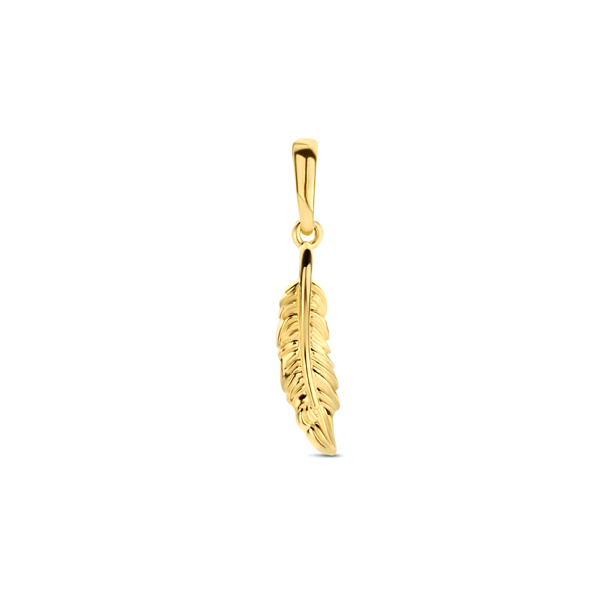 14k Geelgoud hanger uitgevoerd met een veer. De hanger heeft een totale hoogte van 2cm. Het veer heeft een afmeting van 15x3.5mm.