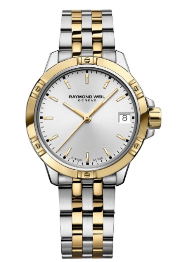 Raymond Weil Tango 5960-STP-30041 damespols horloge edelstaal met geel PVD en edelstalen band met vouwsluiting. Kast 30 mm met Quartz uurwerk, schroefkroon ontspiegeld Saffier glas en 10 ATM waterdicht.