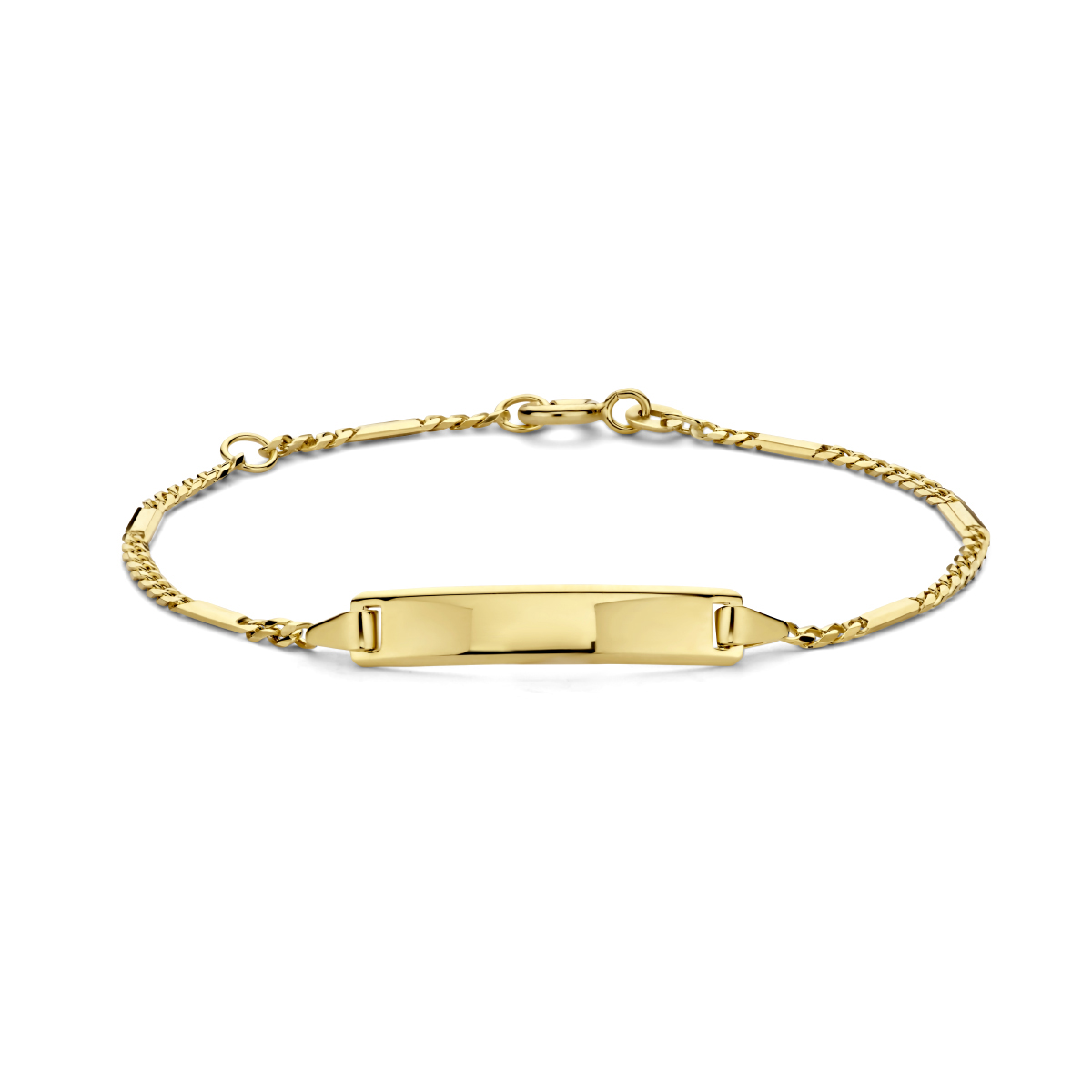 14k Geelgouden graveerarmband met een schakelbreedte van 2mm. De graveerplaat heeft een dikte van 0.9mm.