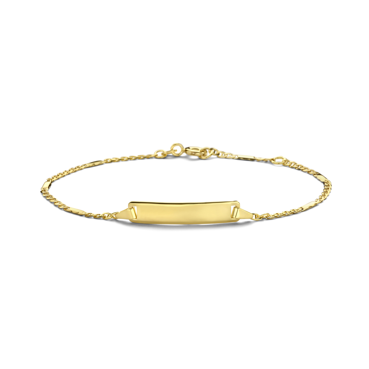 14k Geelgouden graveerarmband. De armband heeft een schakelbreedte van 1,9mm. De plaat heeft een afmeting van 5x25mm en een dikte van 0.8mm.