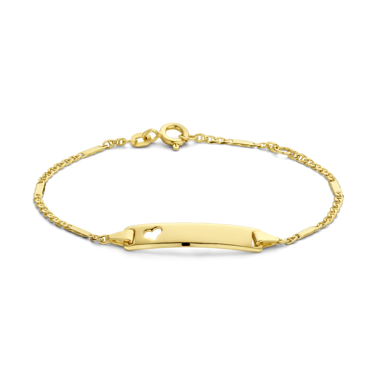 14k Geelgouden graveerarmband. De armband heeft een schakelbreedte van 1.9mm. De plaat heeft een afmeting van 5x25mm en een dikte van 0.8mm.
