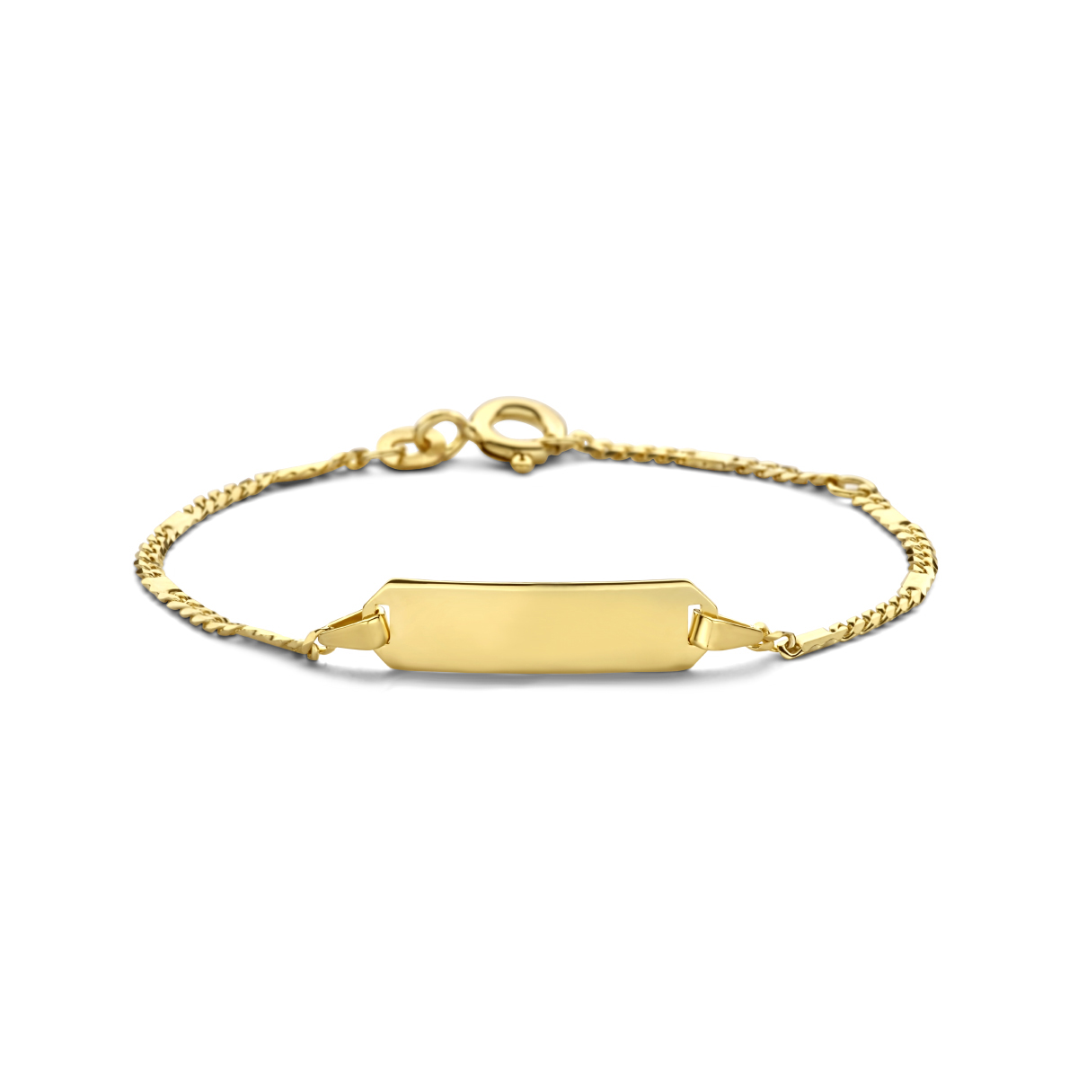 14 karaats Geelgouden graveerarmband met een schakelbreedte van 1.8mm, plaatbreedte van 20 bij 5.5 mm en een armband lengte van 9-11 cm.
