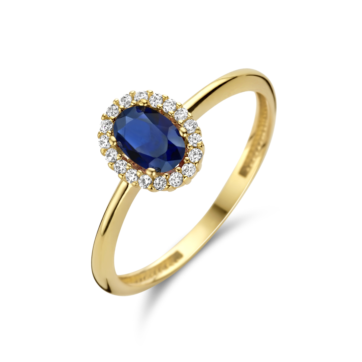 14k Geelgouden ring uitgevoerd met synthetische saffier en zirkonia. De ring heeft een breedte van 8.5mm.