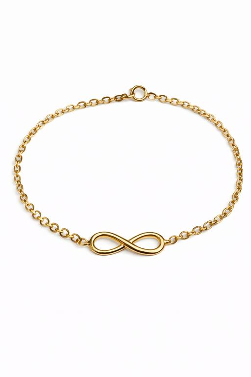 Geelgouden armband met een infinity teken. De armband is onderdeel van een set. De lengte van de armband bedraagt 17.5cm met 1cm extensie. De schakelbreedte bedraagt 1.0mm.