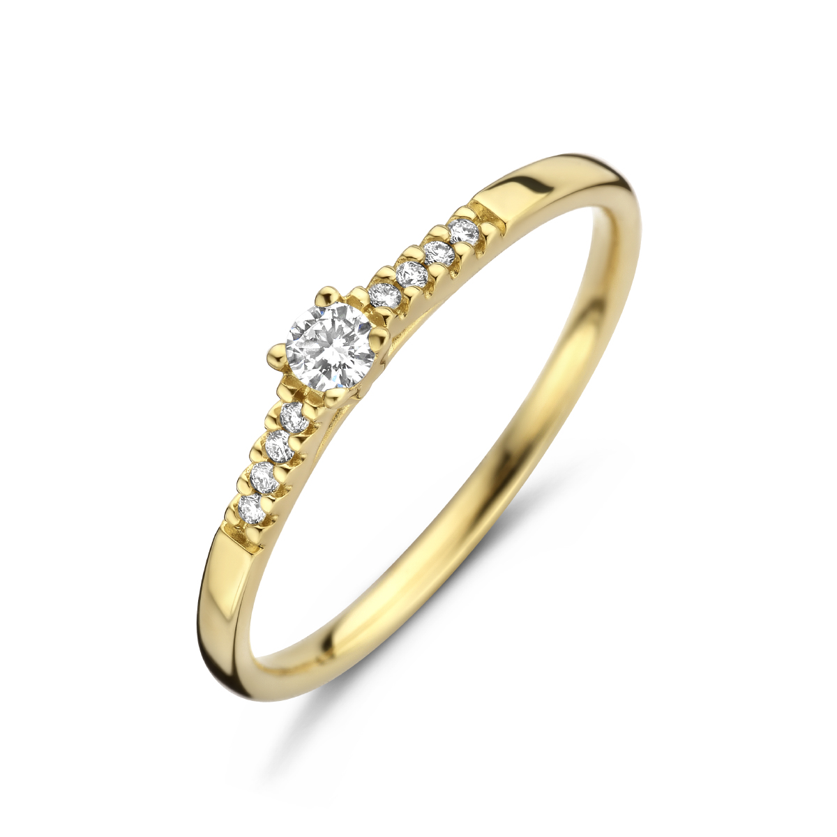 14k Geelgouden ring uitgevoerd met een schitterende diamant rij. De ring heeft een breedte van 2.6mm en de solitair diamant heeft een diamantgewicht van 0.07ct.