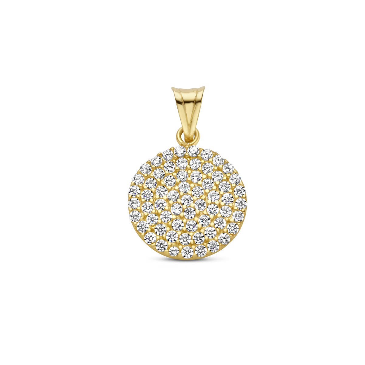 14k Geelgouden ronde hanger uitgevoerd met schitterende zirkonia. De hanger heeft een diameter van 12.5mm.