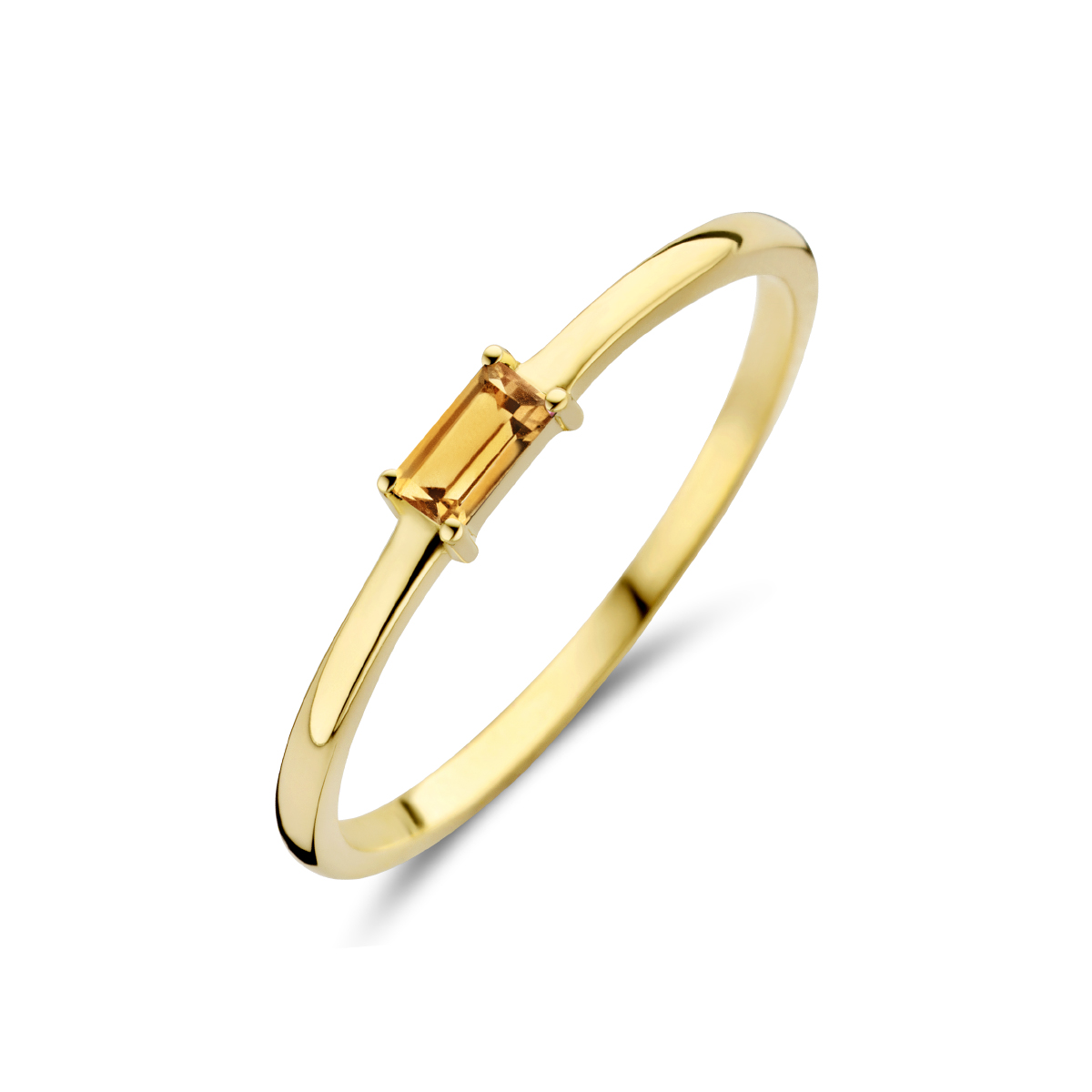 14k Geelgouden ring uitgevoerd met een schitterende citrien. De ring heeft een breedte van 2.5mm.