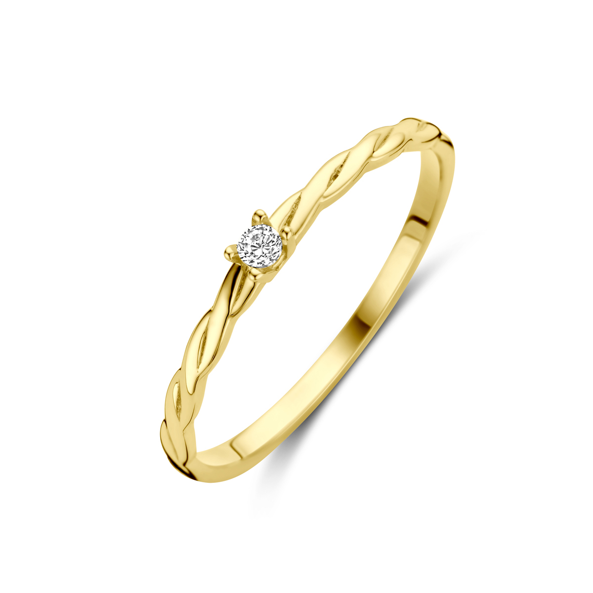 14k Geelgouden ring uitgevoerd met zirkonia. De ring heeft een breedte van 2mm.
