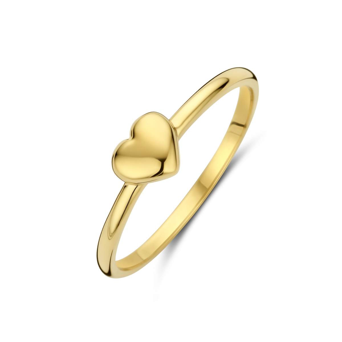 14k Geelgouden ring uitgevoerd in de vorm van een hartje. De ring heeft een breedte van 5mm.