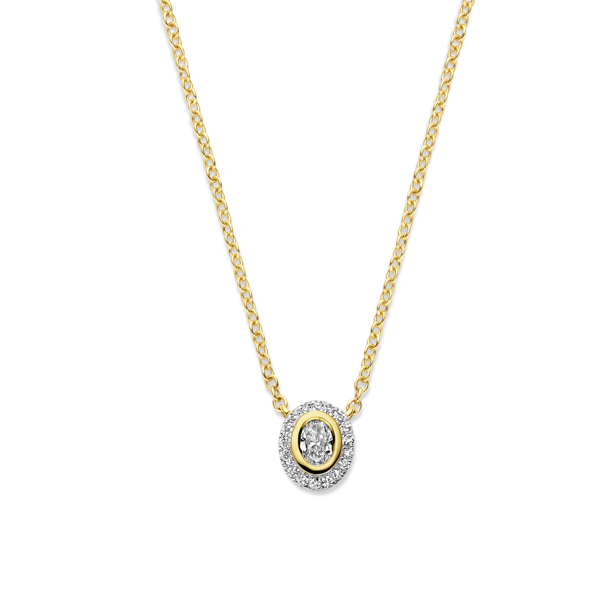 14k Geelgouden collier uitgevoerd met diamant. Het collier heeft draaglengtes van 40-42-44cm. De totale diamantgewicht is 0.25ct.