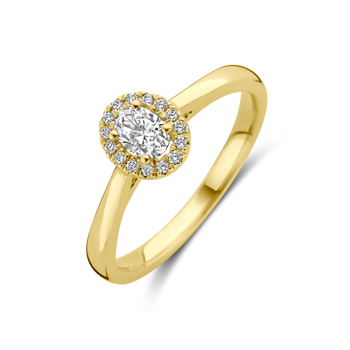 14k Geelgouden ring uitgevoerd met lab grown diamant. De ring heeft een afmeting van 7.5x6.5mm. Het totale diamantgewicht is 0.32ct. Lab grown diamanten zijn diamanten die ontstaan in een laboratorium. Onder extreem hoge druk en temperatuur wordt het natuurlijk ontstaansproces nagebootst met als eindresultaat een diamant met dezelfde chemische eigenschappen maar met een andere oorsprong.
